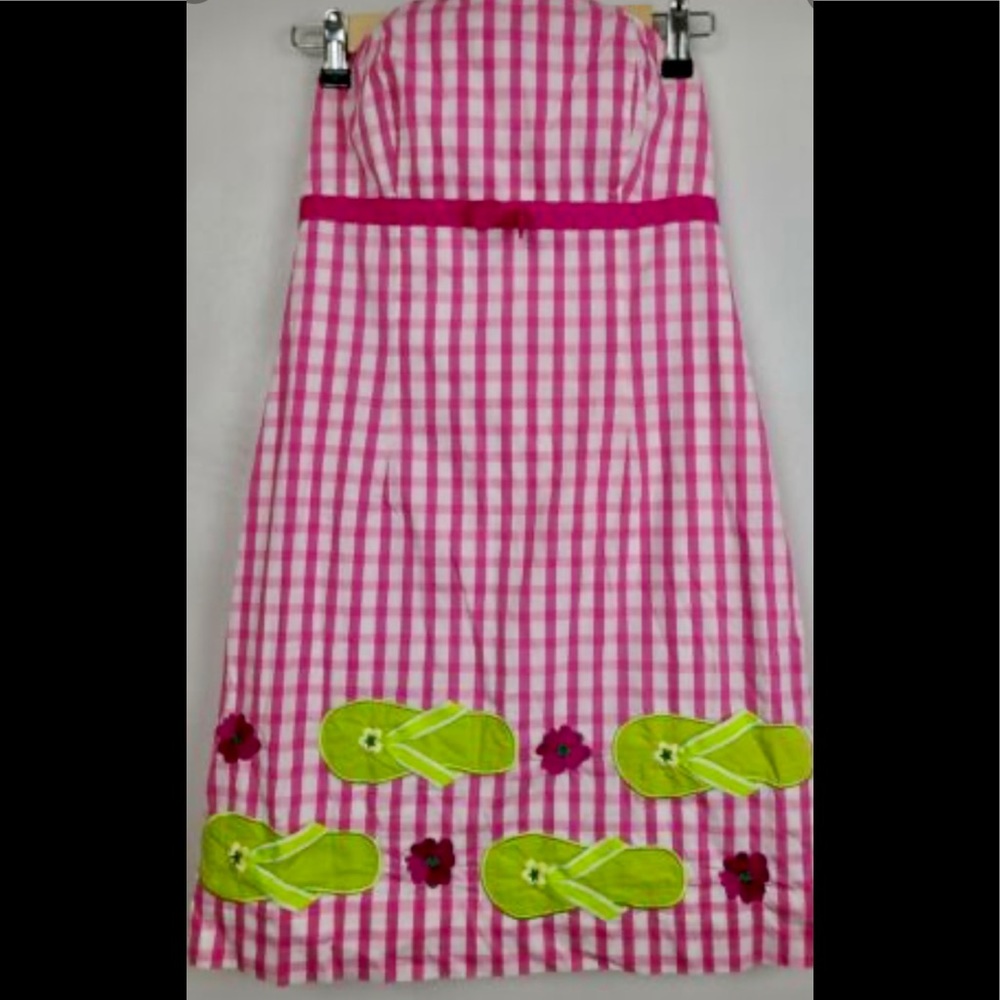 Lilly Pulitzer Womens Mini Dress Size 6 Pink Plaid Strapless Flip Flop Applique
